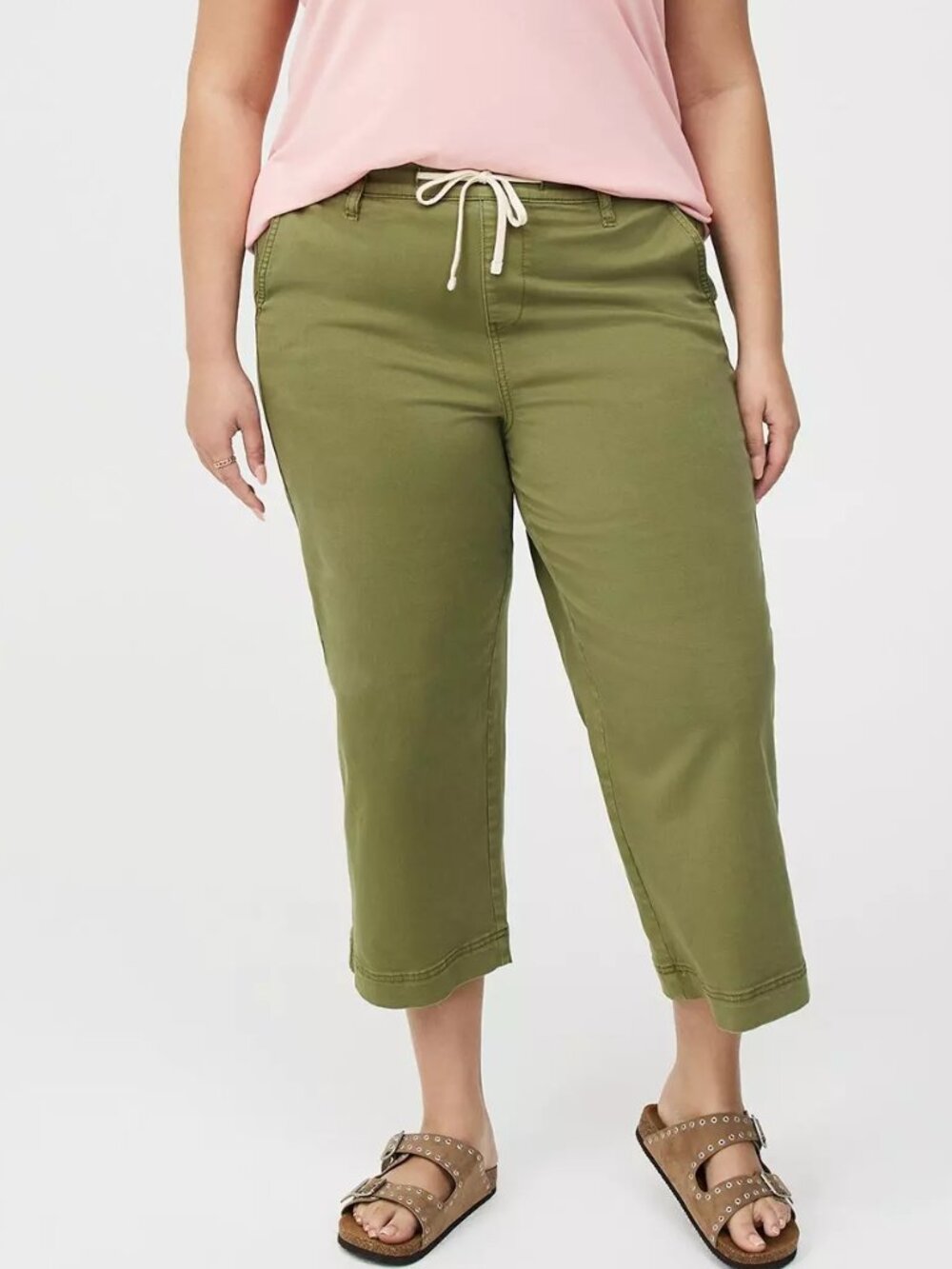 Torrid Pants 0X (L) Pull-On Weekend Wide-Leg Ankle Crop Green Twill relaxed Fit